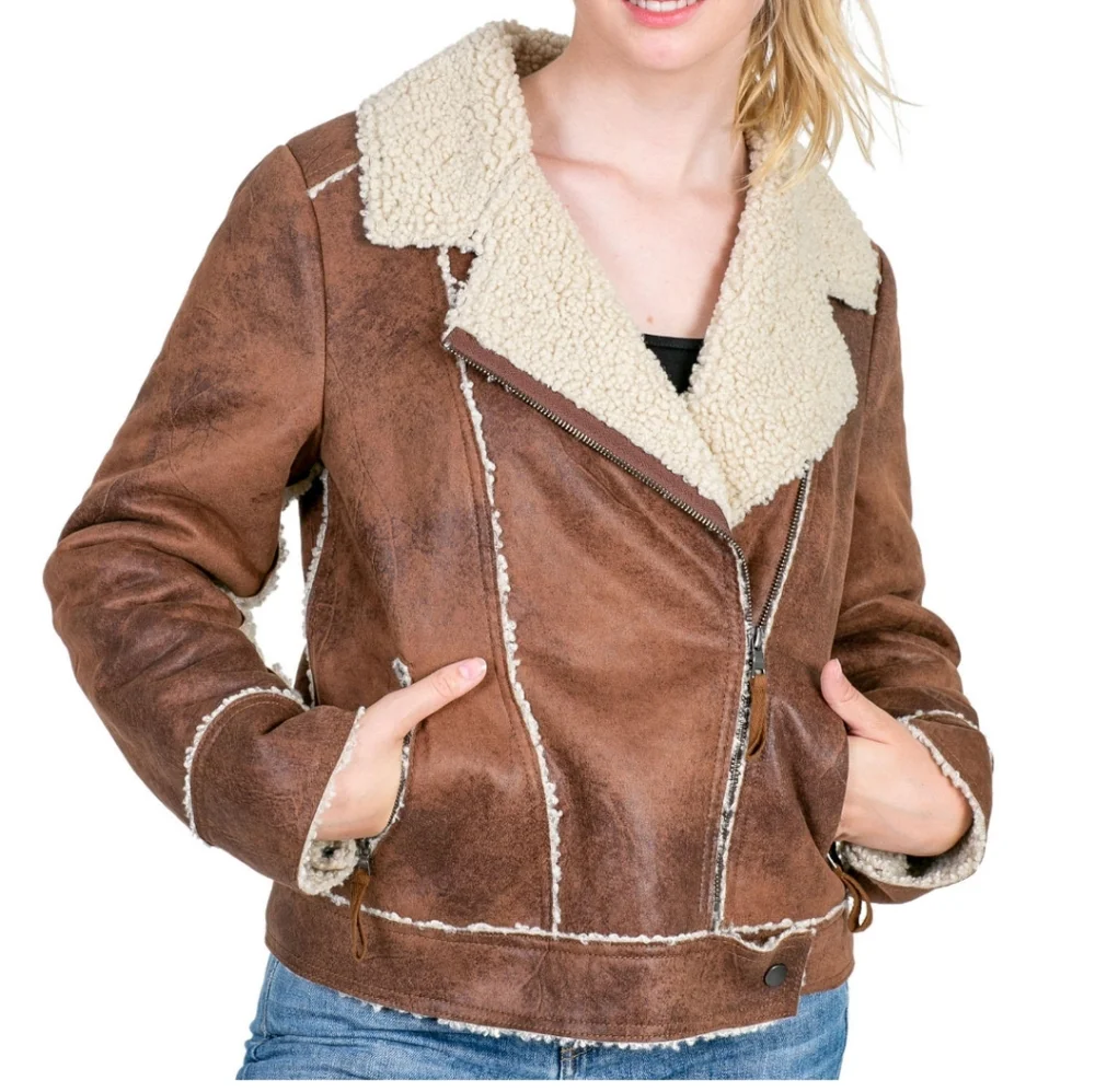 🏷️Marrakech Marissa Sherpa Lined Moto Jacket Women's Distressed Brown Large - Picture 1 of 5